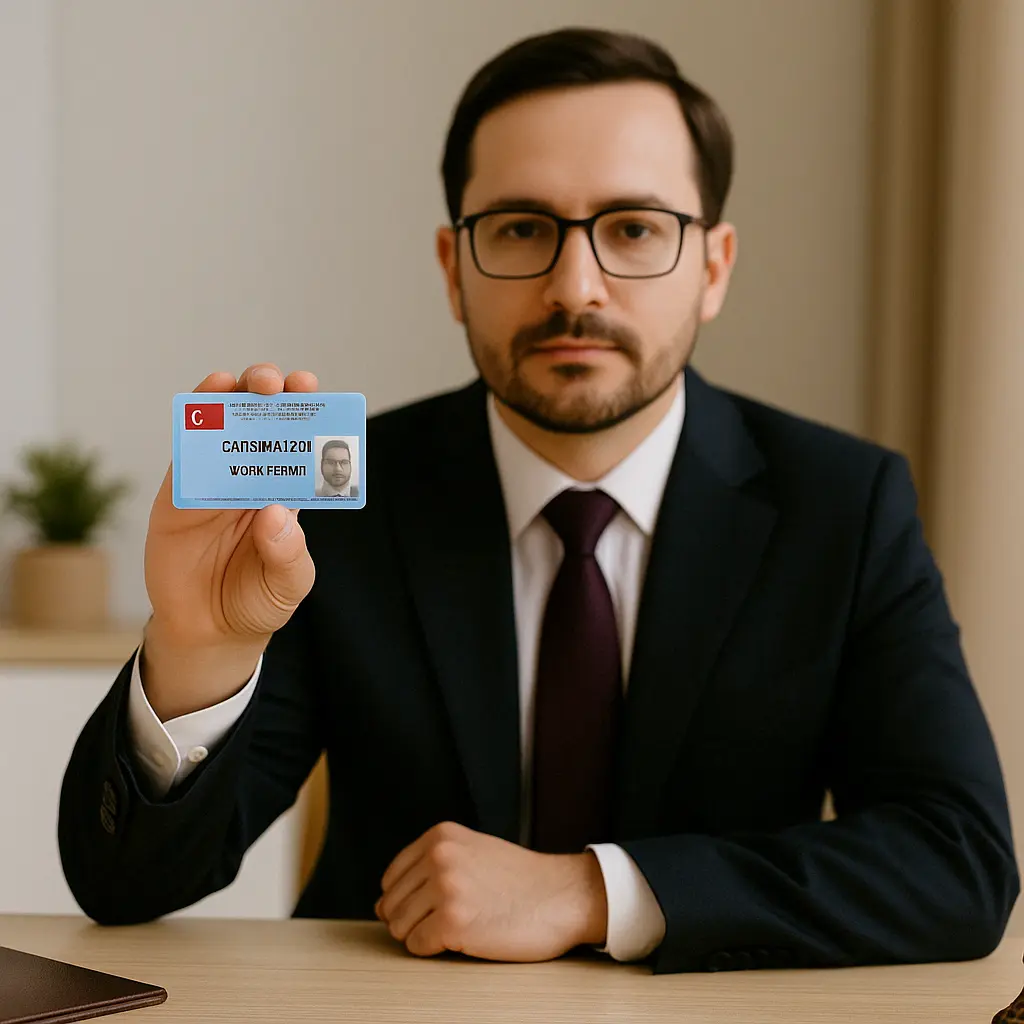 Turkish lawyer showing official blue Turkish work permit card